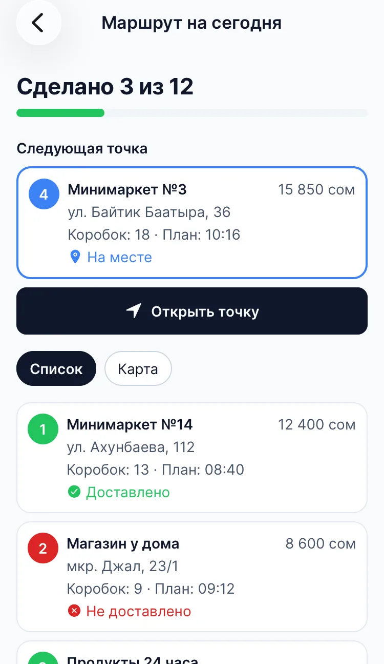 Приложение водителя: маршрут на сегодня, сделано 3 из 12, следующая точка и список магазинов