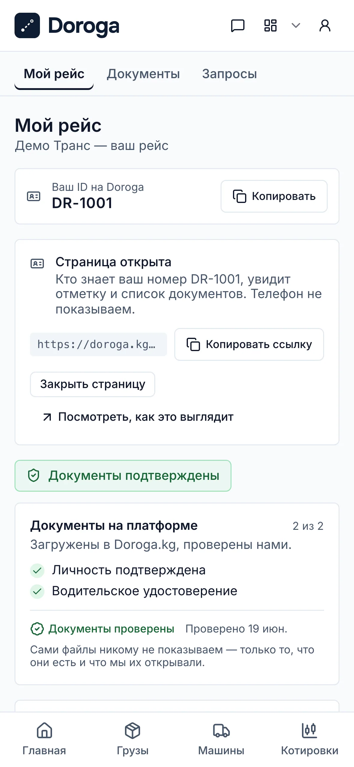 Верх страницы «Мой рейс»: номер DR-1001, открытая страница по номеру со ссылкой и отметка «Документы подтверждены»