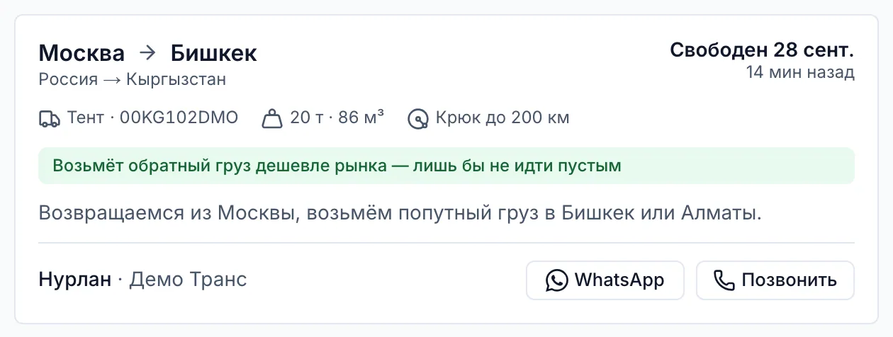 Свободная машина Москва — Бишкек: тент 20 т, пометка «Возьмёт обратный груз дешевле рынка — лишь бы не идти пустым», кнопки WhatsApp и «Позвонить».